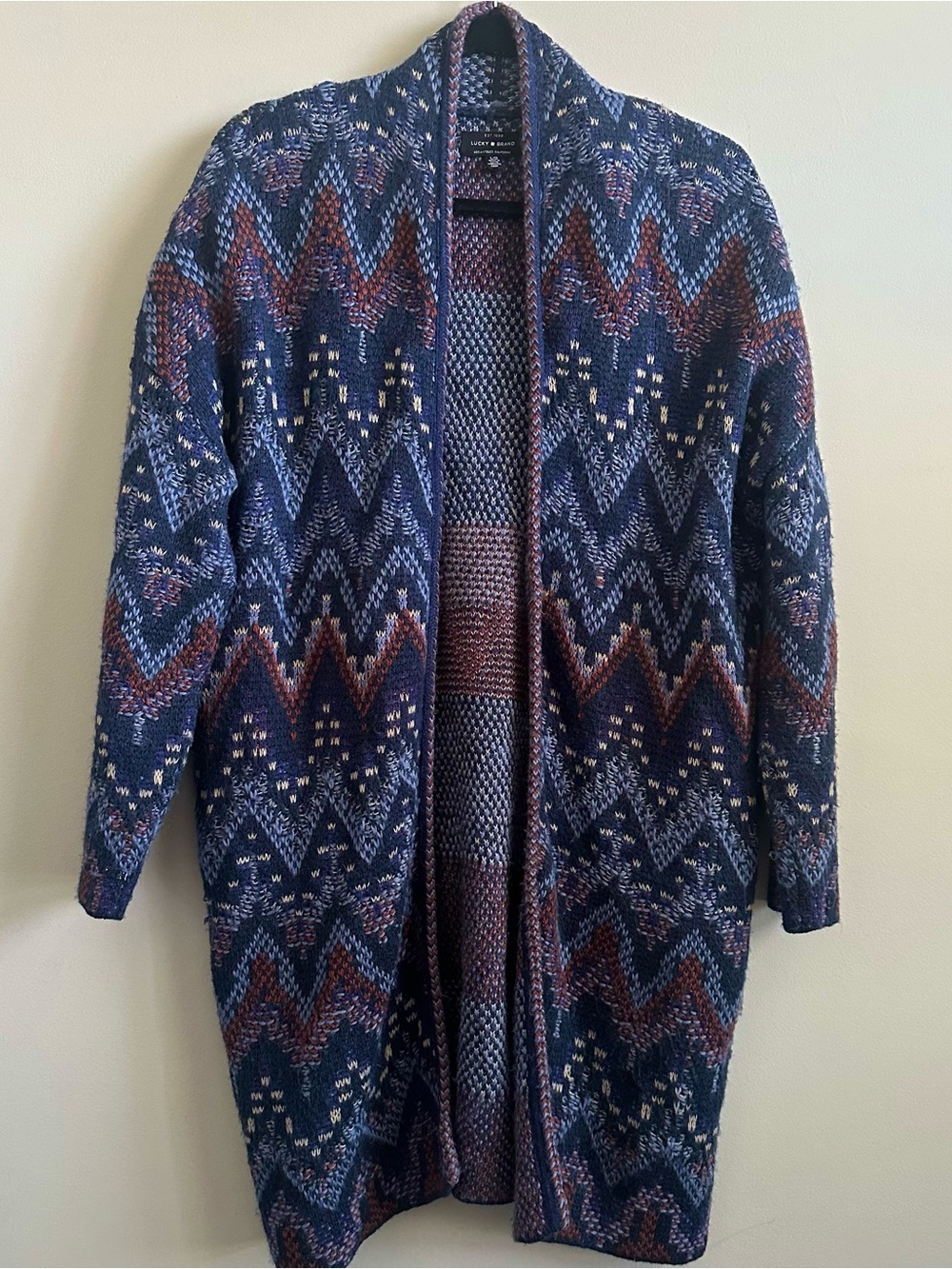 Lucky Brand Wool Blend Long Line Chunky Knit Open Front Colorful Cardigan